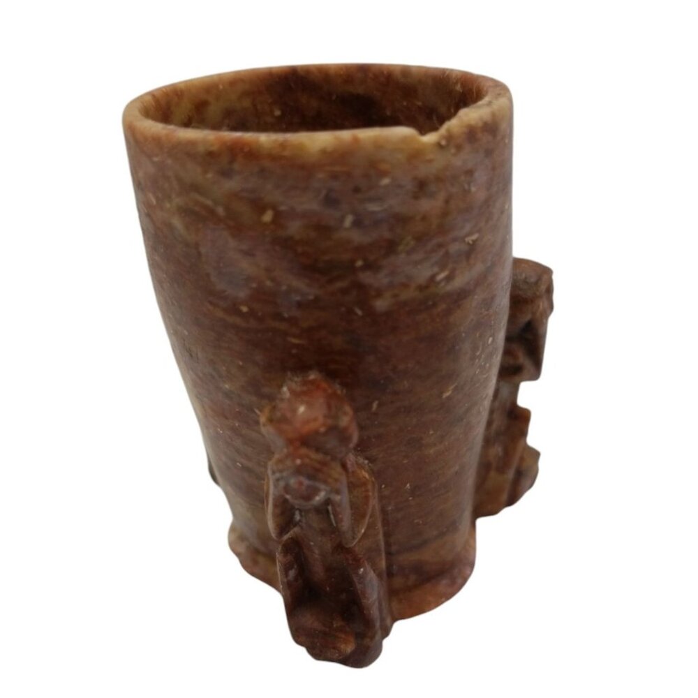 Vintage Hand-Carved Stone Cup With 3 Wise Monkeys See Hear Speak No Evil - Picture 2 of 11